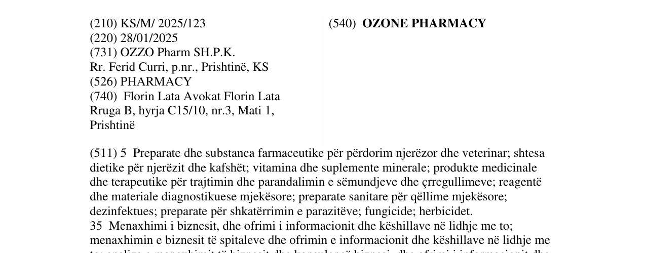 Zëri i markës OZONE PHARMACY në buletin