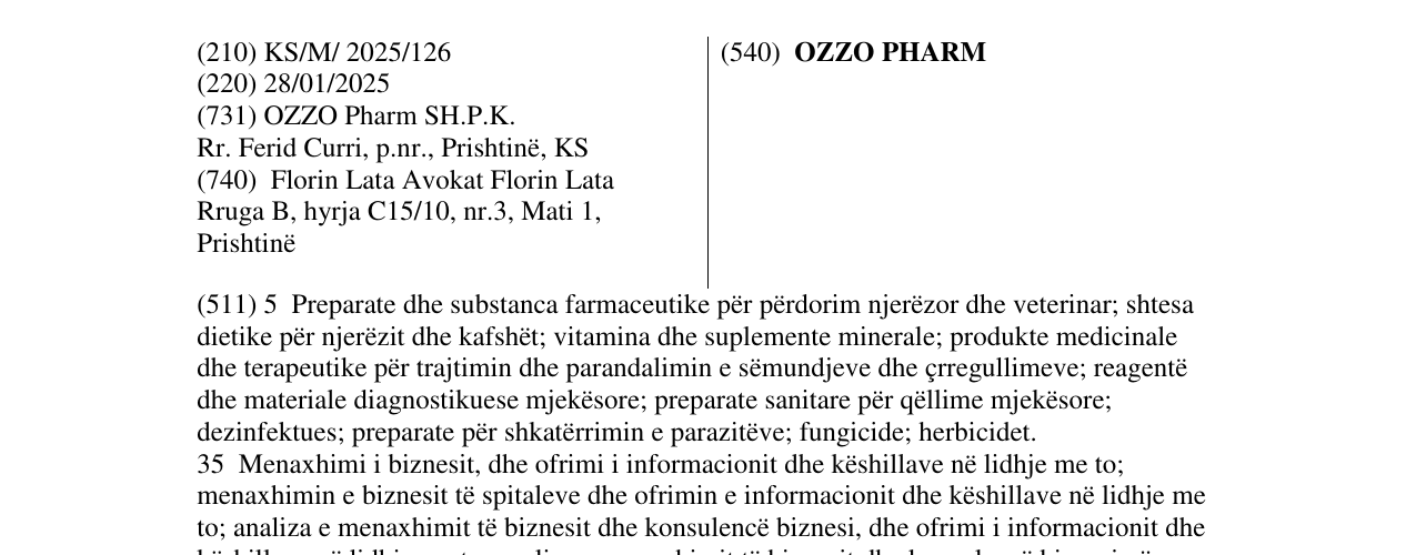 Zëri i markës OZZO PHARM në buletin