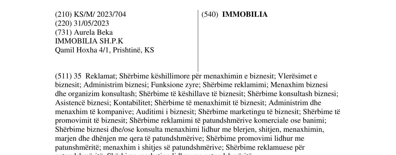 Zëri i markës IMMOBILIA në buletin