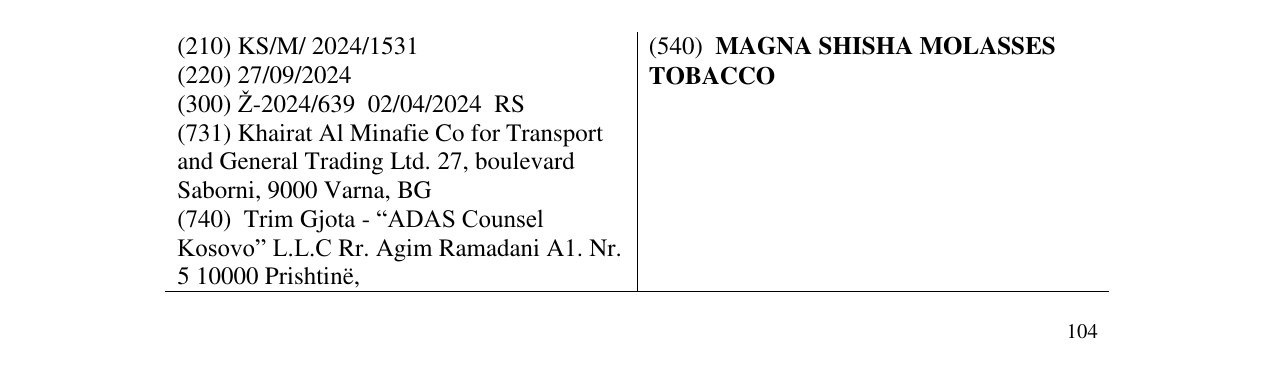 Zëri i markës MAGNA SHISHA MOLASSES TOBACCO në buletin