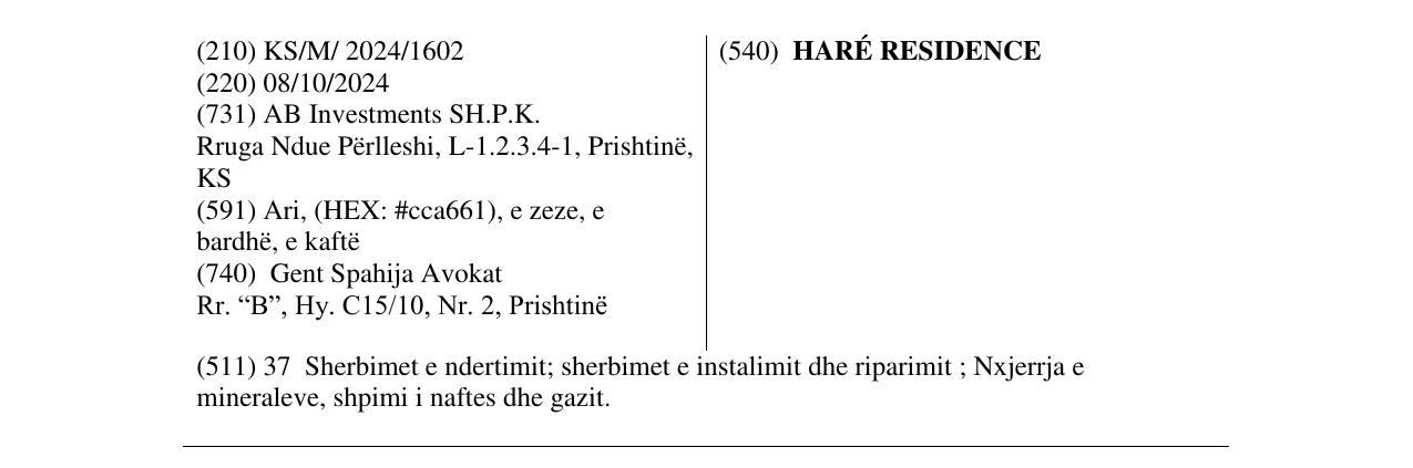 Zëri i markës HARÉ RESIDENCE në buletin