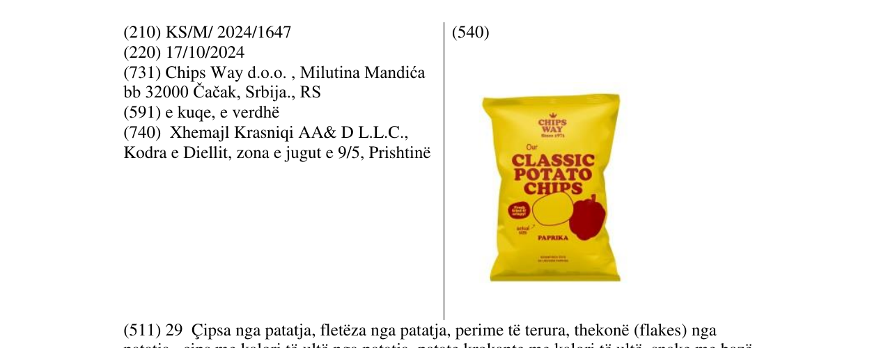Zëri i markës CLASSIC POTATO CHIPS PAPRIKA në buletin