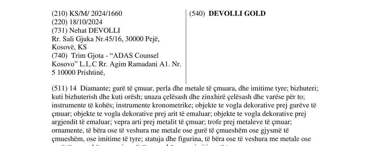 Zëri i markës DEVOLLI GOLD në buletin