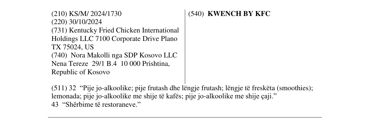 Zëri i markës KWENCH BY KFC në buletin