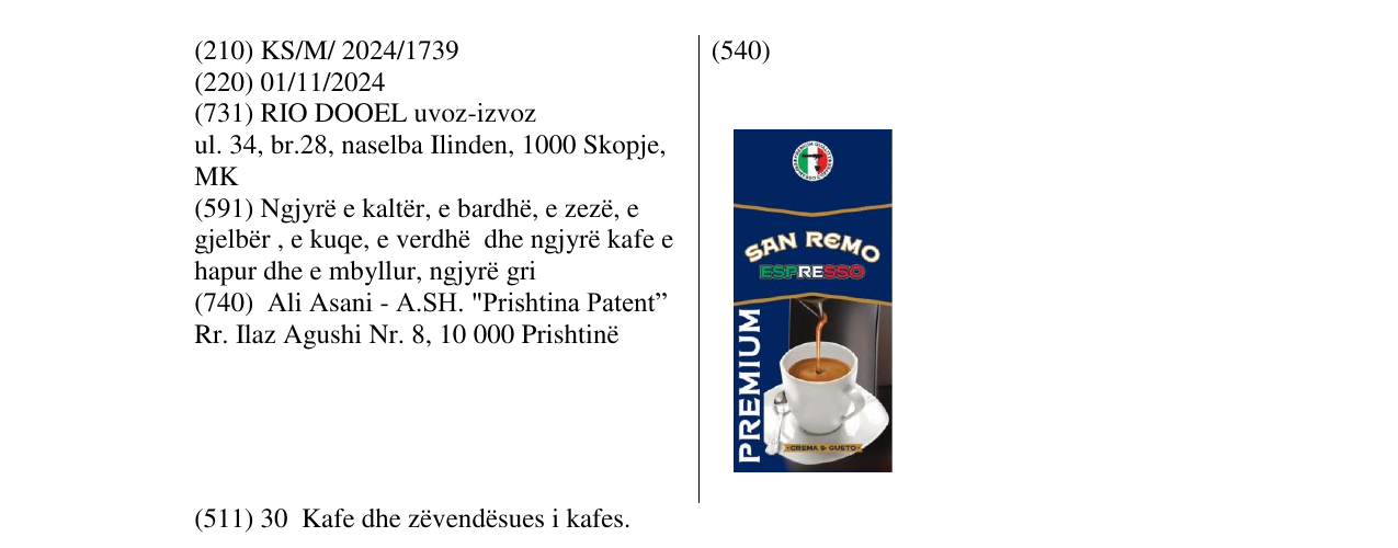 Zëri i markës SAN REMO ESPRESSO në buletin