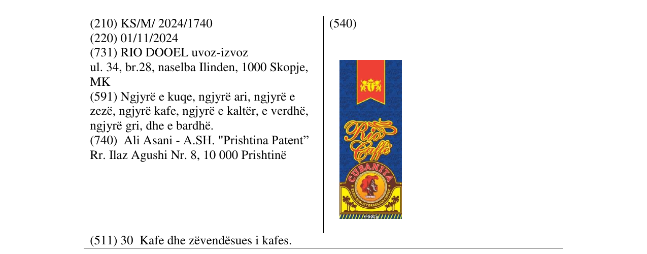 Zëri i markës RIO CAFFE CUBANITA në buletin