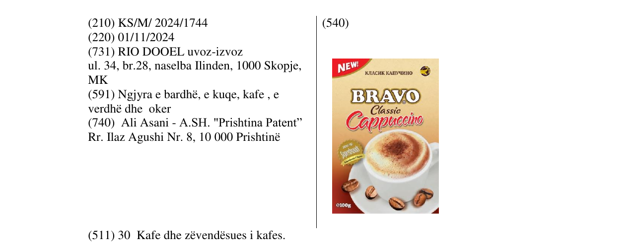 Zëri i markës BRAVO classic Cappuccino në buletin