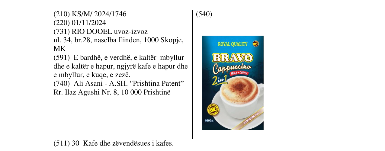 Zëri i markës BRAVO CAPPUCCINO në buletin