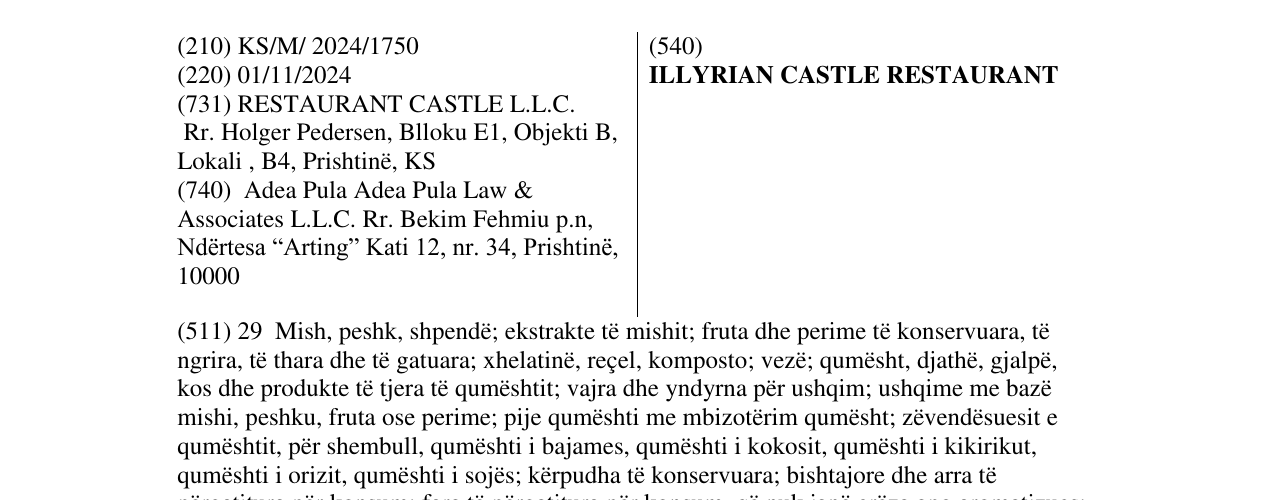 Zëri i markës ILLYRIAN CASTLE RESTAURANT në buletin