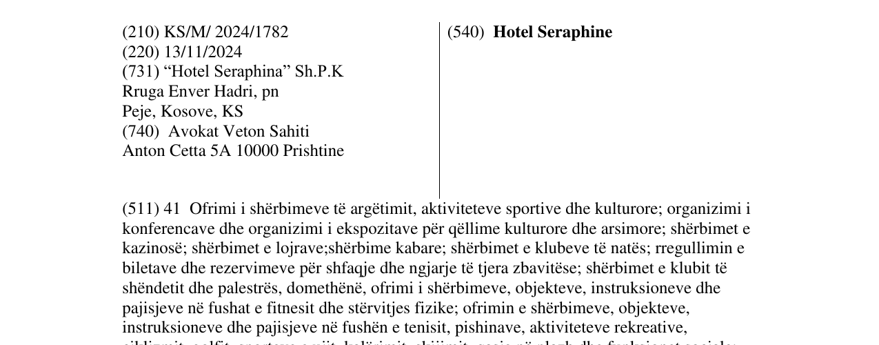 Zëri i markës Hotel Seraphine në buletin