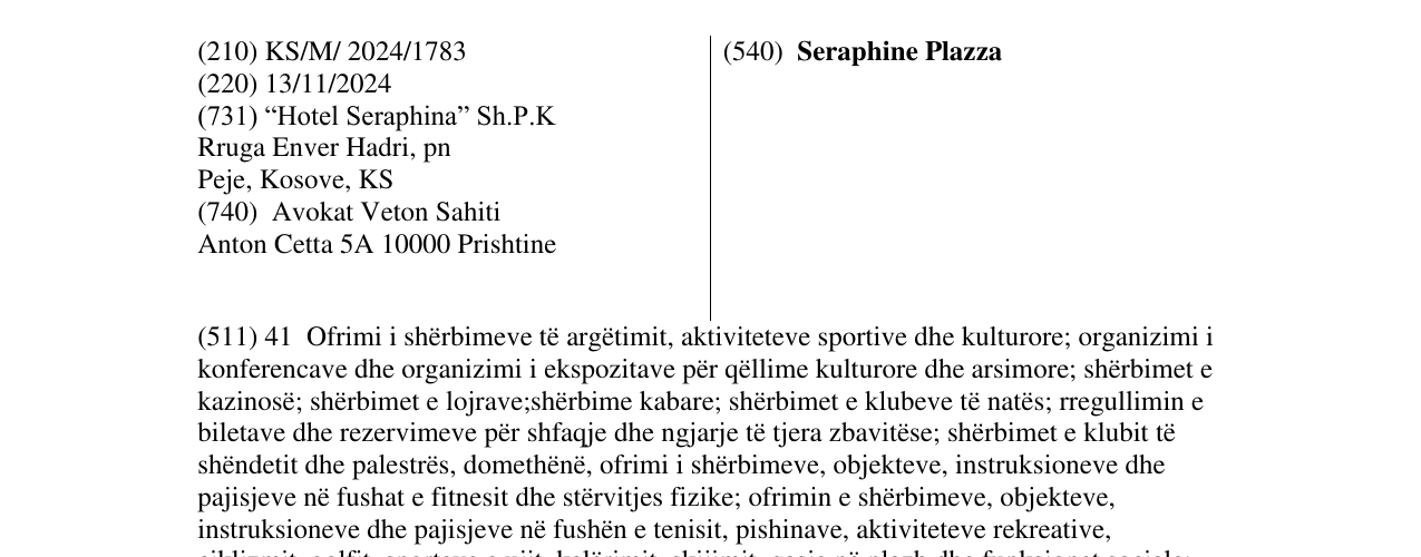 Zëri i markës Seraphine Plazza në buletin