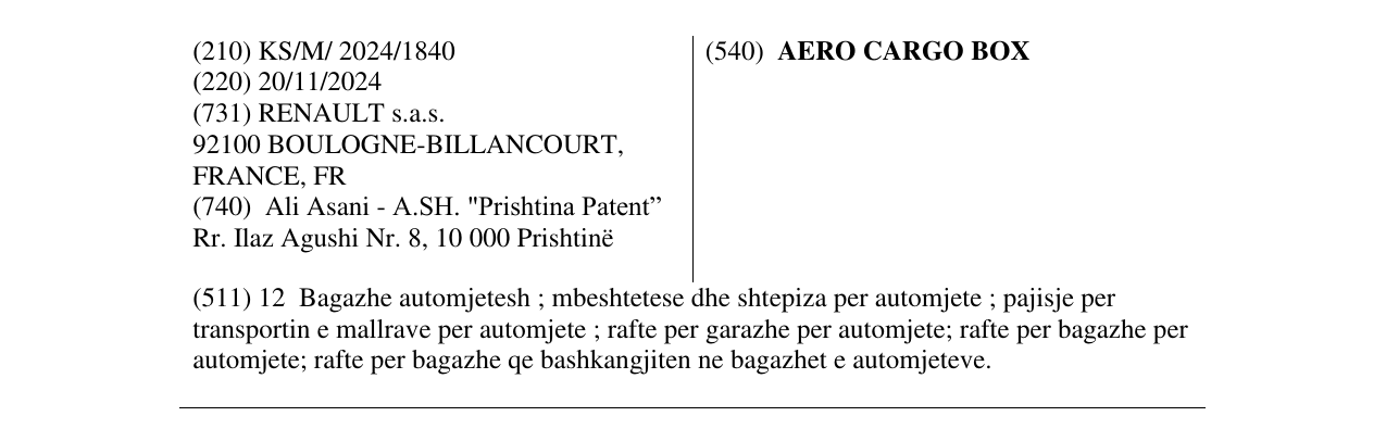 Zëri i markës AERO CARGO BOX në buletin