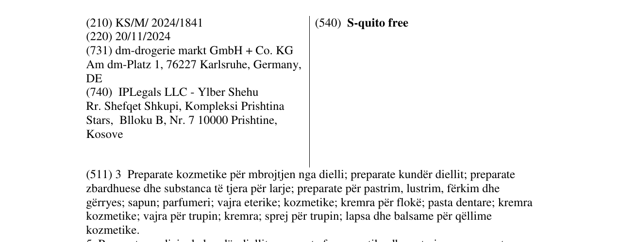 Zëri i markës S-quito free në buletin