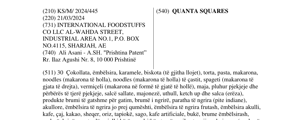 Zëri i markës QUANTA SQUARES në buletin