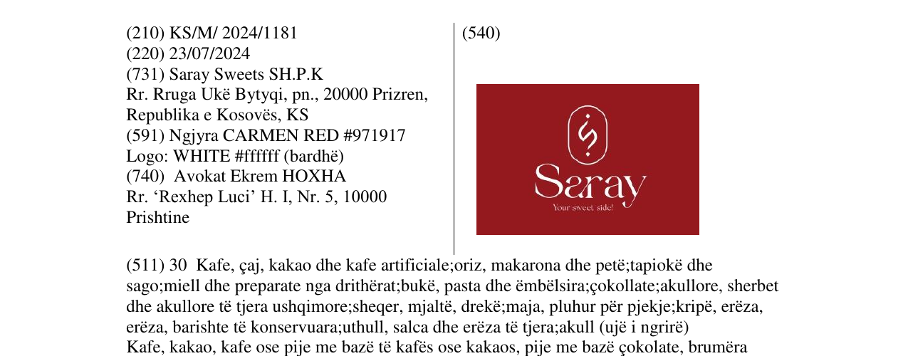 Zëri i markës Saray në buletin