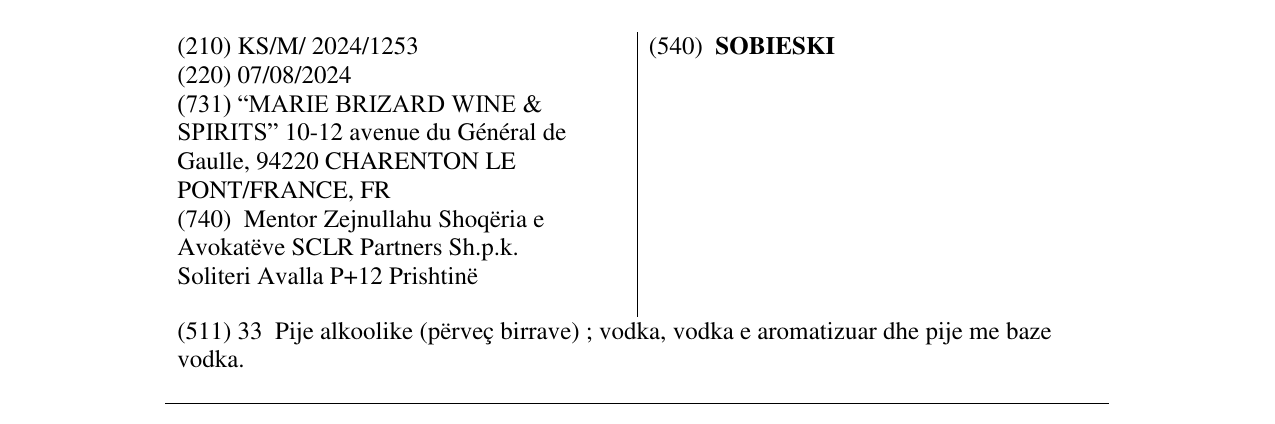 Zëri i markës SOBIESKI në buletin
