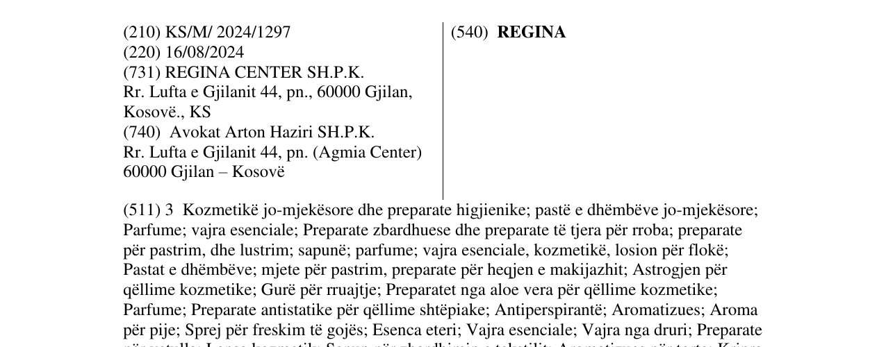 Zëri i markës REGINA në buletin