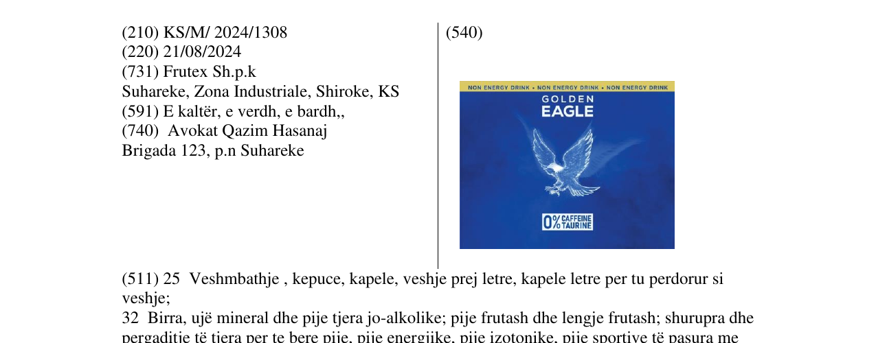 Zëri i markës GOLDEN EAGLE 0% CAFFEINE TAURINE në buletin