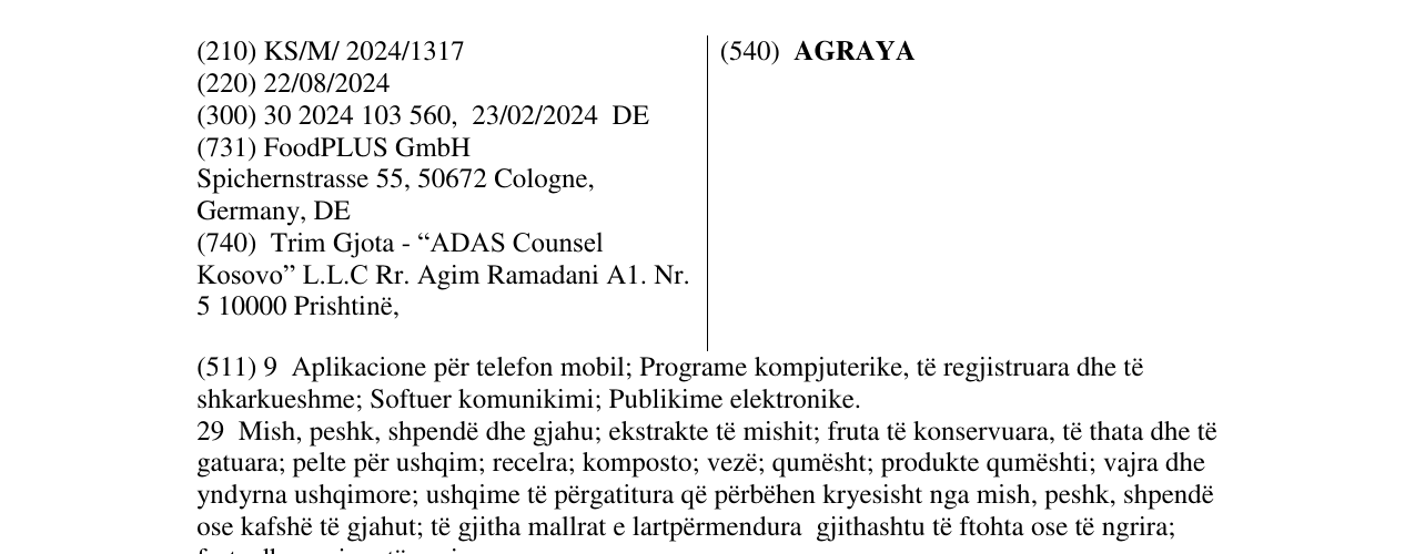 Zëri i markës AGRAYA në buletin