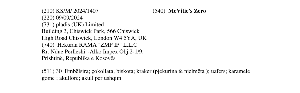 Zëri i markës McVitie's Zero në buletin