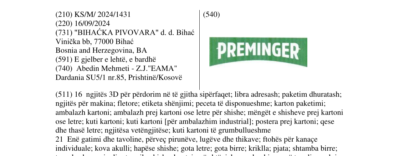 Zëri i markës PREMINGER në buletin