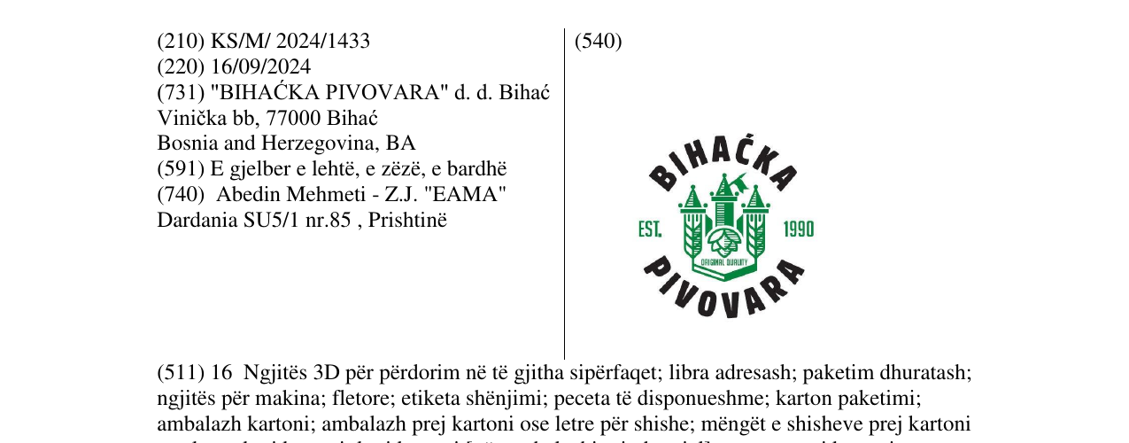 Zëri i markës BIHACKA PIVOVARA në buletin