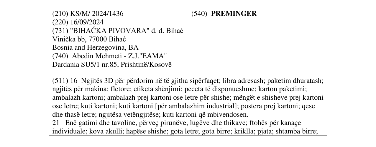 Zëri i markës PREMINGER në buletin