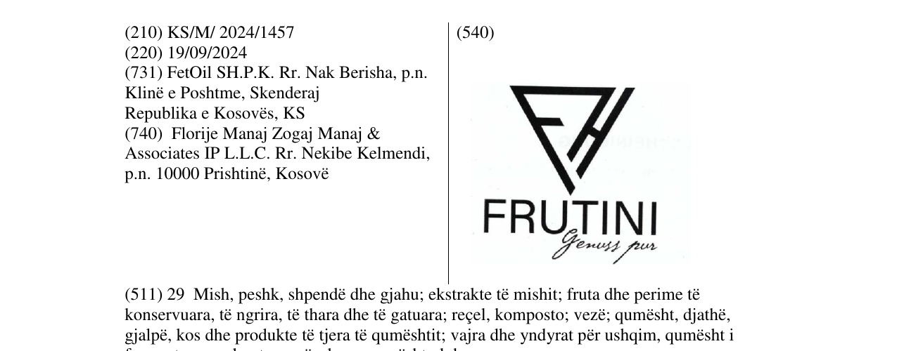 Zëri i markës FRUTINI në buletin