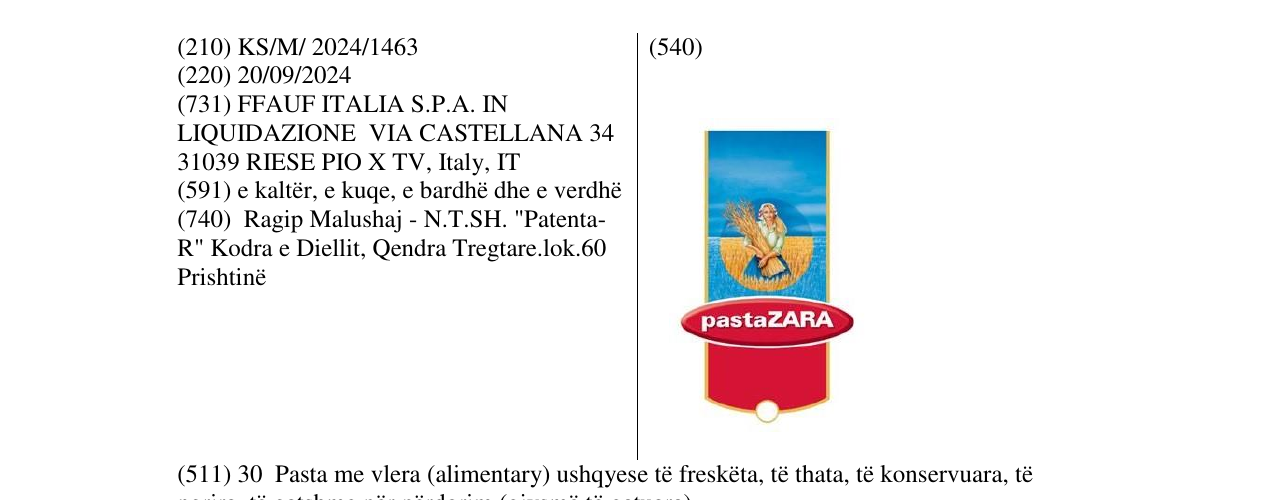 Zëri i markës PASTA ZARA në buletin