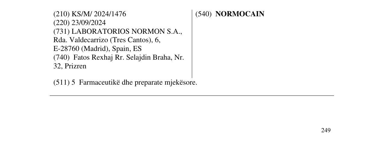 Zëri i markës NORMOCAIN në buletin
