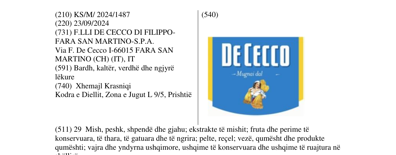 Zëri i markës DE CECCO në buletin