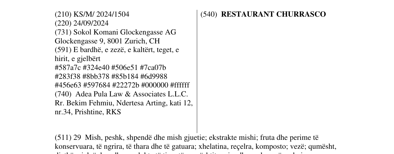 Zëri i markës RESTAURANT CHURRASCO në buletin