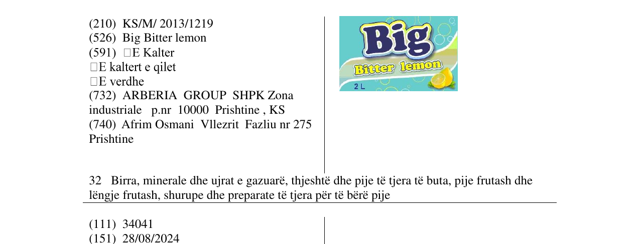 Zëri i markës Big Bitter lemon 2l në buletin