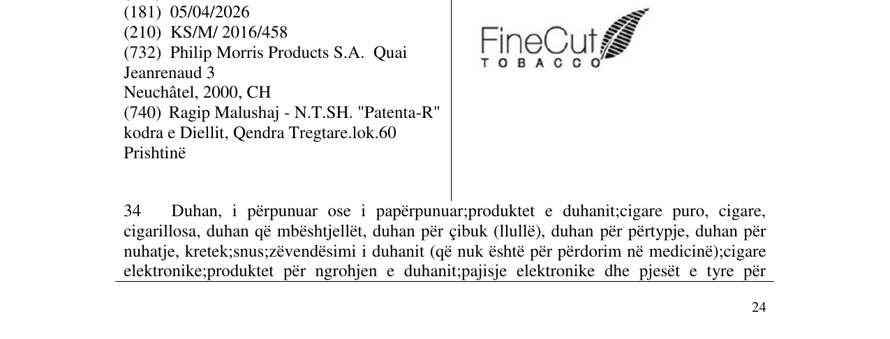 Zëri i markës FineCut TOBACCO në buletin