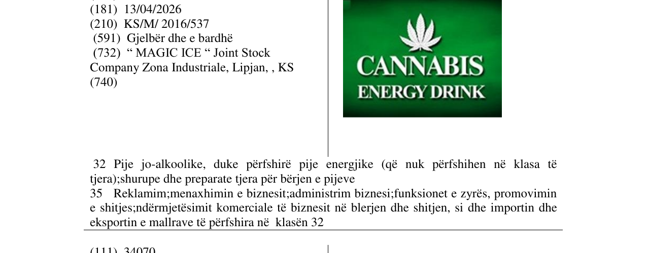 Zëri i markës CANNABIS ENERGY DRINK në buletin