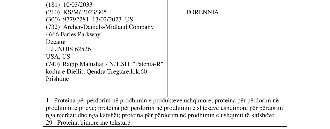 Zëri i markës FORENNIA në buletin