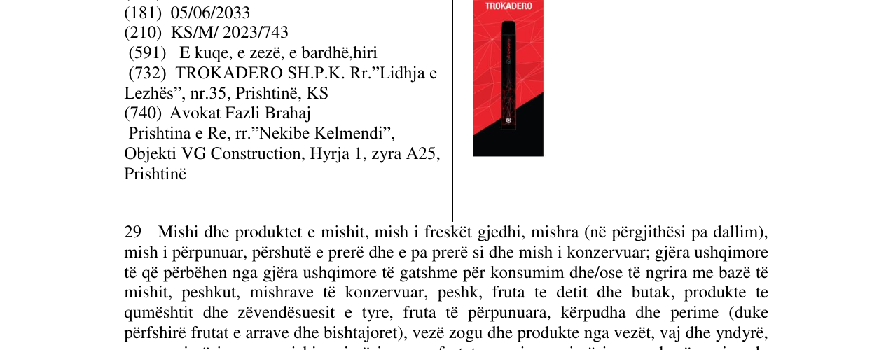 Zëri i markës TROKADERO në buletin