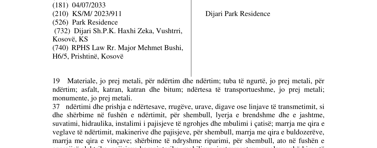 Zëri i markës Dijari Park Residence në buletin
