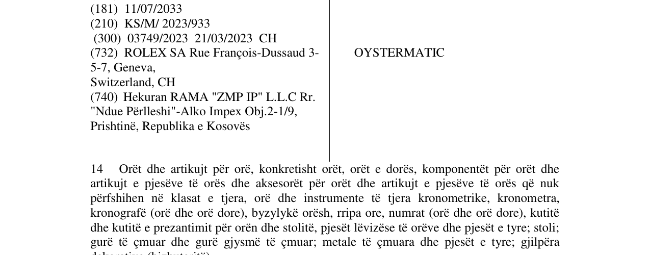 Zëri i markës OYSTERMATIC në buletin