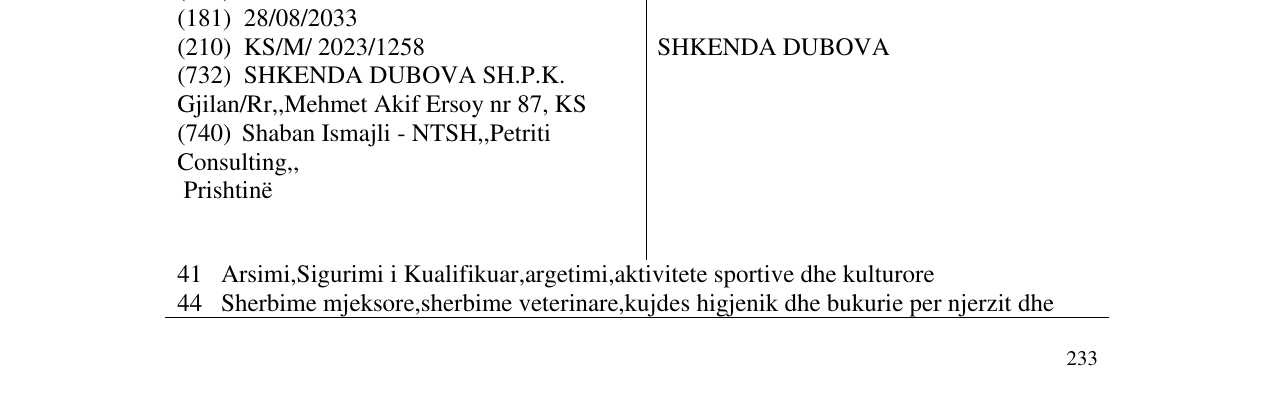 Zëri i markës SHKENDA DUBOVA në buletin