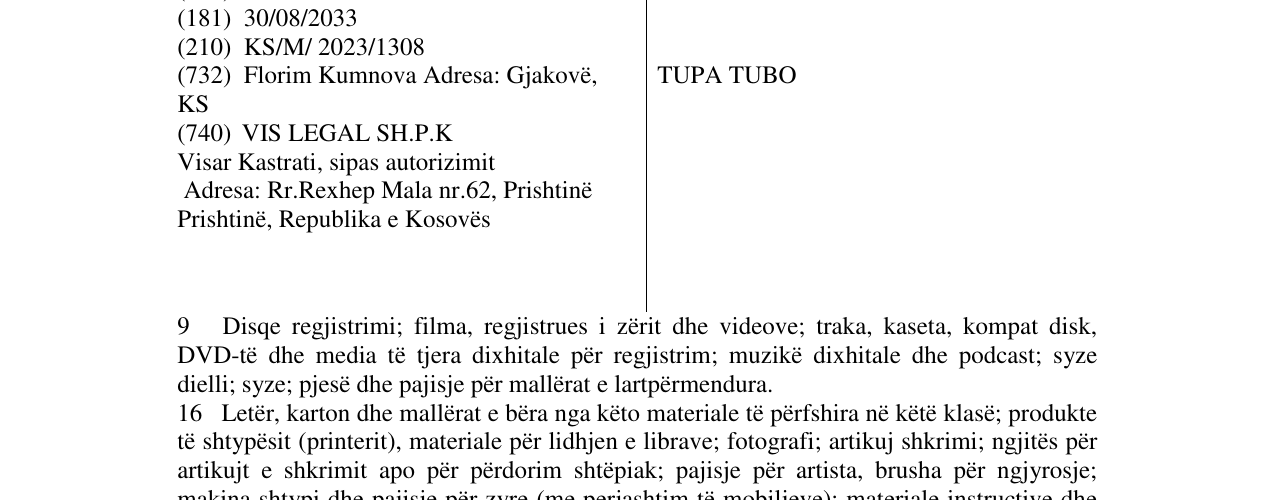 Zëri i markës TUPA TUBO në buletin