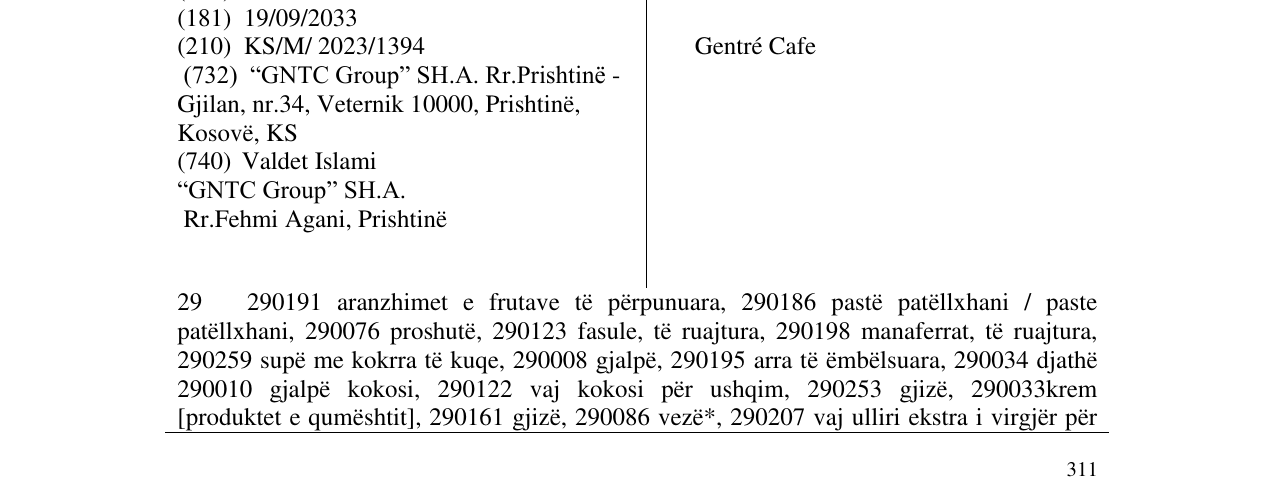 Zëri i markës Gentré Cafe në buletin