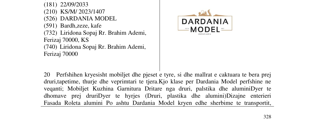 Zëri i markës DARDANIA MODEL në buletin