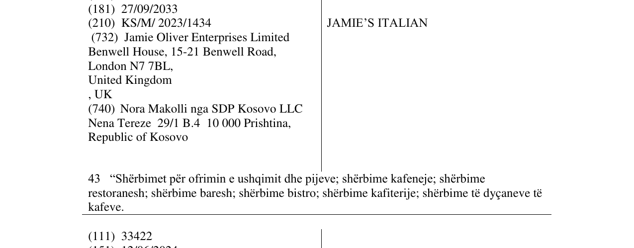 Zëri i markës JAMIE’S ITALIAN në buletin