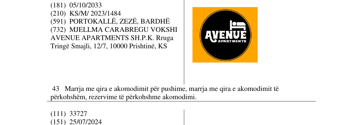 Zëri i markës AVENUE APARTMENTS në buletin