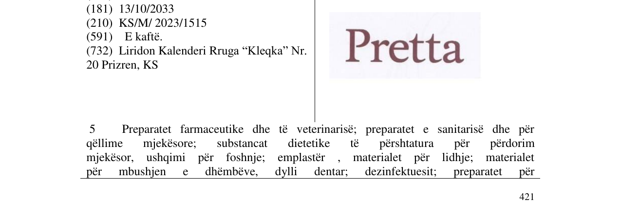 Zëri i markës Pretta në buletin