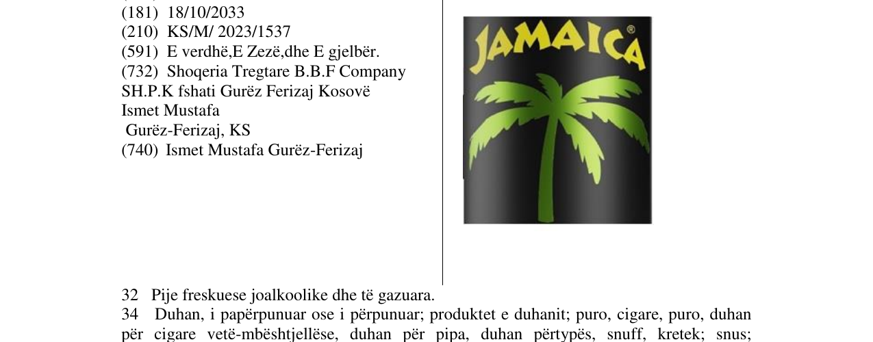 Zëri i markës JAMAICA në buletin