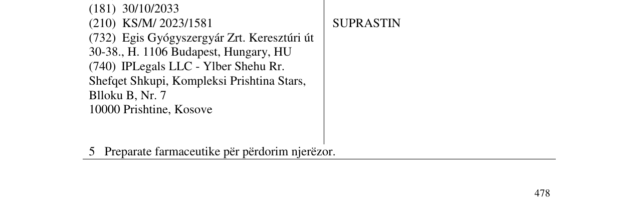 Zëri i markës SUPRASTIN në buletin