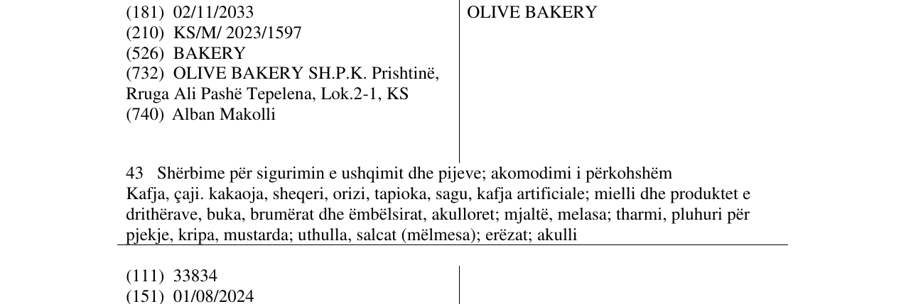 Zëri i markës OLIVE BAKERY në buletin