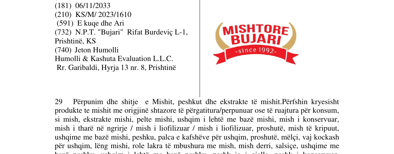 Der Eintrag der Marke MISHTORE BUJARI im Bulletin